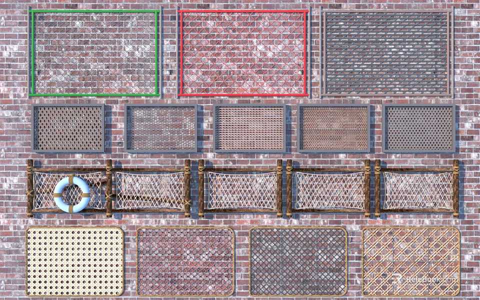 Various Design Fence Panels With Brick Metal Mesh And Grid Patterns 3d model