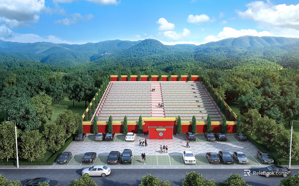 Grand Tiered Structure With Red Yellow Decor Surrounded by Trees Mountains Parking Lot People Activities 3d model 