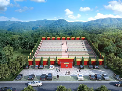 Grand Tiered Structure With Red Yellow Decor Surrounded by Trees Mountains Parking Lot People Activities 3d model