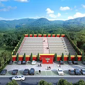 Grand Tiered Structure With Red Yellow Decor Surrounded by Trees Mountains Parking Lot People Activities