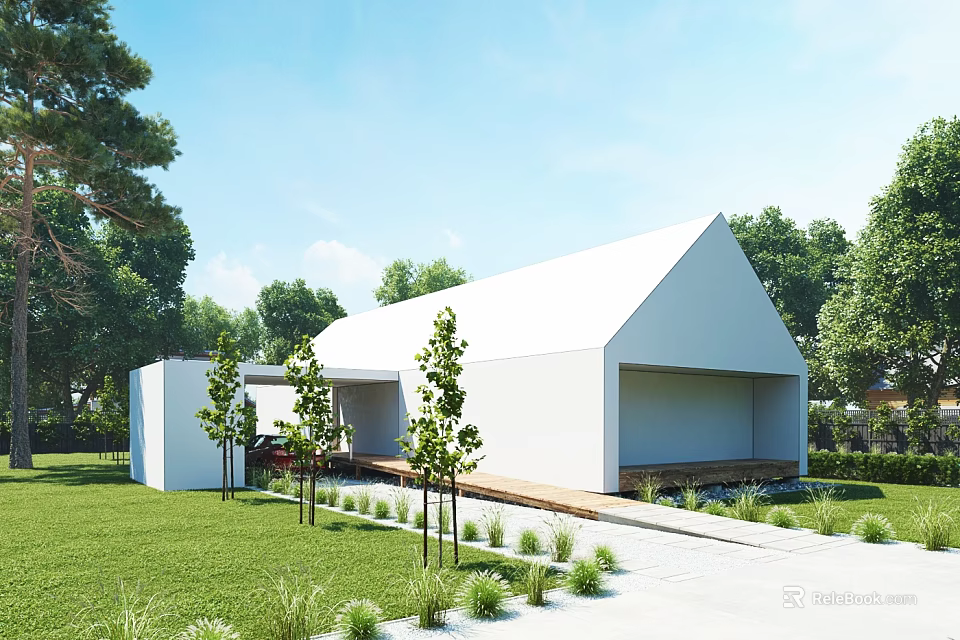 Modern White Detached Villa Exterior With Green Lawn And Trees Pathway Entrance Area 3d model 
