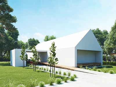 Modern White Detached Villa Exterior With Green Lawn And Trees Pathway Entrance Area 3d model