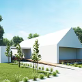 Modern White Detached Villa Exterior With Green Lawn And Trees Pathway Entrance Area