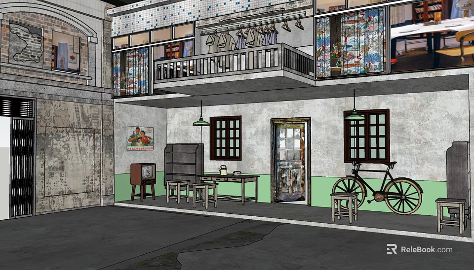 Vintage Two Story Building Interior With Balcony Hanging Clothes Old Furniture And Bicycle 3d model 