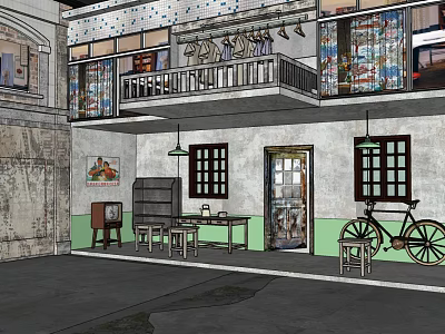 Vintage Two Story Building Interior With Balcony Hanging Clothes Old Furniture And Bicycle 3d model