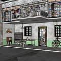 Vintage Two Story Building Interior With Balcony Hanging Clothes Old Furniture And Bicycle