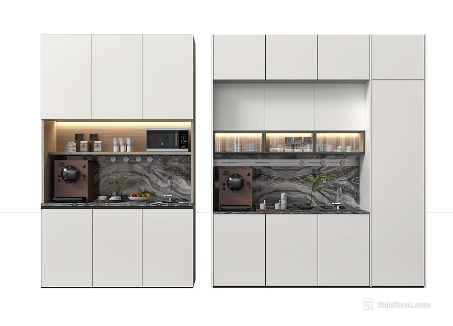 Modern Kitchen Interior With White Cabinets Marble Countertop Coffee Machine Microwave And Green Plant 3d model 