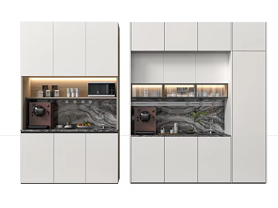 Modern Kitchen Interior With White Cabinets Marble Countertop Coffee Machine Microwave And Green Plant 3d model