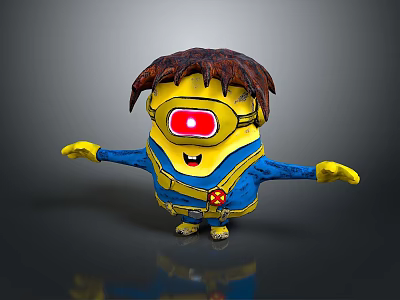 Game Movie Character with Yellow Body Brown Hair Red Lensed Goggles Blue Outfit Arms Outstretched 3d model
