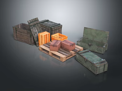 Different Wooden and Metal Storage Boxes with Open Lids and Stacked Arrangement 3d model