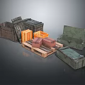 Different Wooden and Metal Storage Boxes with Open Lids and Stacked Arrangement