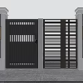 Modern Black Metal Slatted Gate with Pillar Lights and Greenery by Wall