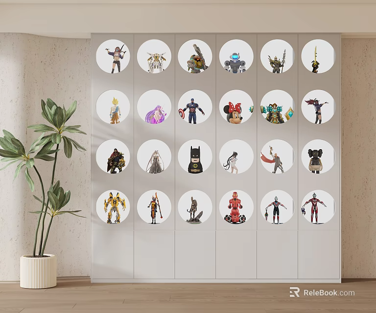 Light Colored Display Cabinet With Circular Compartments Holding Various Collectible Figures 3d model 