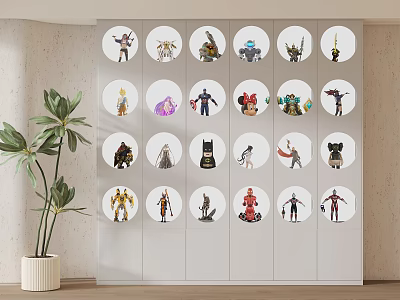 Light Colored Display Cabinet With Circular Compartments Holding Various Collectible Figures 3d model