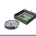 Outdoor Basketball Court Designs With Circular And Rectangular Fenced Areas Lighting Poles Blue Green Surfaces
