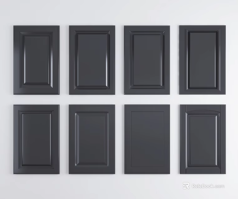 Black Cabinet Doors Arranged Neatly Against White Background For Kitchen Use 3d model 