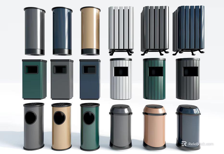 Public Trash Bins With Various Designs And Different Color Options For Public Areas 3d model 