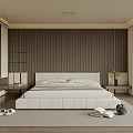 Modern Bedroom Interior With White Bed Wooden Striped Accent Wall Large Window And Greenery View