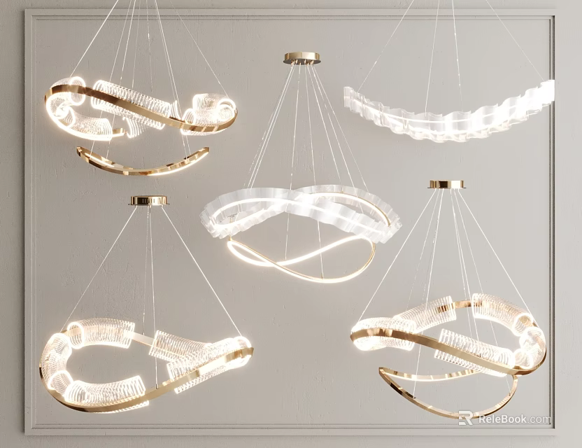 Modern Illuminated Chandeliers With Circular Spiral Shapes Metallic Frames And Transparent Elements For Interior Design 3d model 