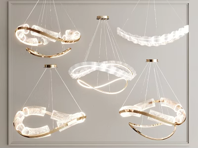 Modern Illuminated Chandeliers With Circular Spiral Shapes Metallic Frames And Transparent Elements For Interior Design 3d model
