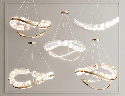 Modern Illuminated Chandeliers With Circular Spiral Shapes Metallic Frames And Transparent Elements For Interior Design 3d model