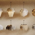 Various Styles of Feather Chandeliers in Neutral Tones Displayed on Beige Wall