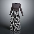 Dark Gray Long Sleeve Top With Button Detail And Black White Striped Long Skirt Outfit