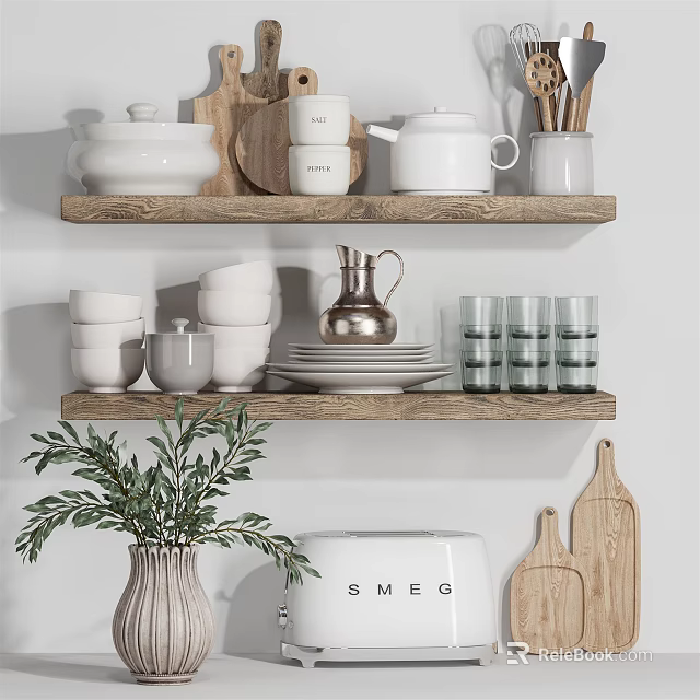 White Kitchenware on Wooden Shelves Featuring Plates Mugs Teapot Glass Cups and SMEG Appliance 3d model 