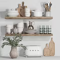 White Kitchenware on Wooden Shelves Featuring Plates Mugs Teapot Glass Cups and SMEG Appliance