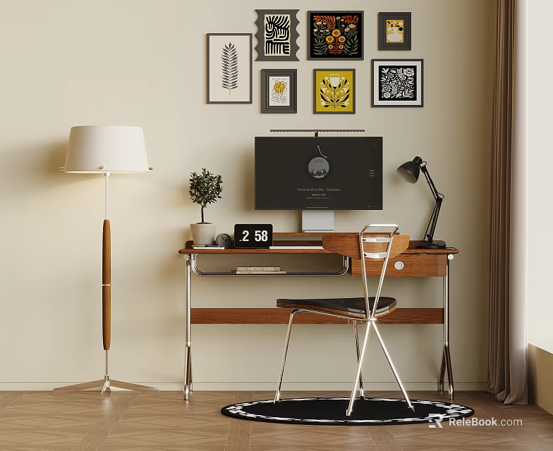 Modern Home Office Desk Interior With Laptop Desk Lamp Chair And Wall Art Decor 3d model 