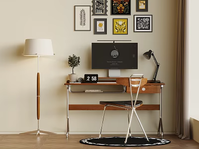 Modern Home Office Desk Interior With Laptop Desk Lamp Chair And Wall Art Decor 3d model