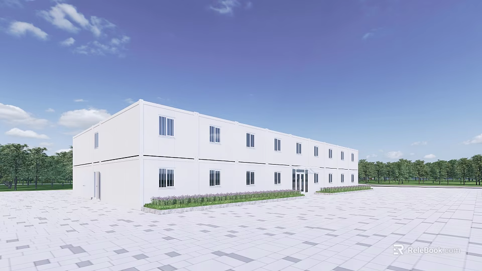 White Office Building Exterior With Multiple Windows Paved Square And Greenery 3d model