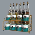 Stylish Blue And White Spice Bottles On Gold Metal Storage Rack