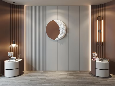 Elegant Modern Sofa Background Wall With Round Decorative Painting Wooden Panels Wall Lamps White Cabinets 3d model