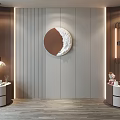 Elegant Modern Sofa Background Wall With Round Decorative Painting Wooden Panels Wall Lamps White Cabinets