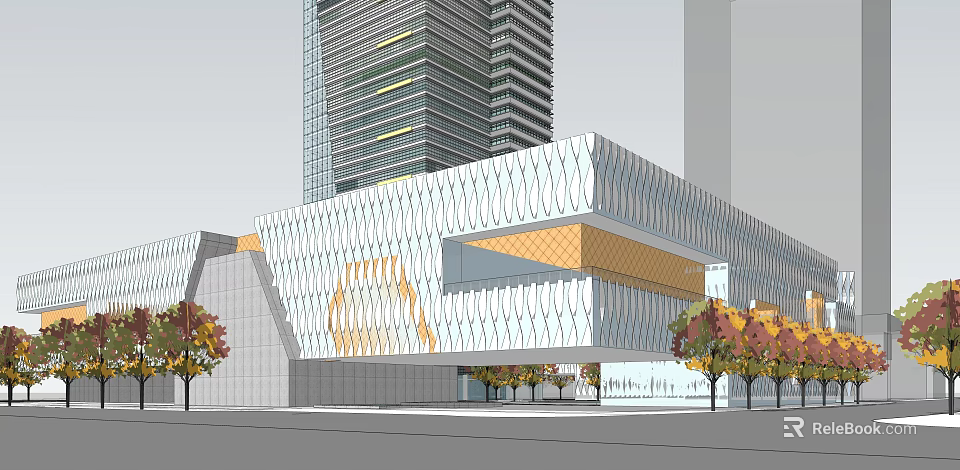 Modern Office Building With Geometric Facade White Yellow Design Autumn Trees And Nearby Tall Building 3d model 