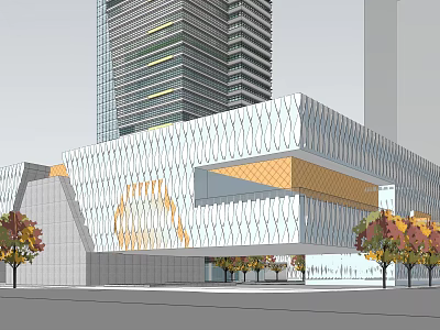 Modern Office Building With Geometric Facade White Yellow Design Autumn Trees And Nearby Tall Building 3d model