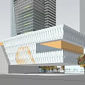 Modern Office Building With Geometric Facade White Yellow Design Autumn Trees And Nearby Tall Building