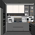 Modern Kitchen Interior With Gray Cabinets Countertop Appliances Lighting And Wall Mounted Cookware