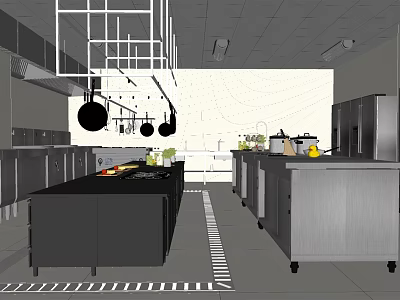 Commercial Kitchen Interior With Stainless Steel Worktables Hanging Pans And Cabinets 3d model