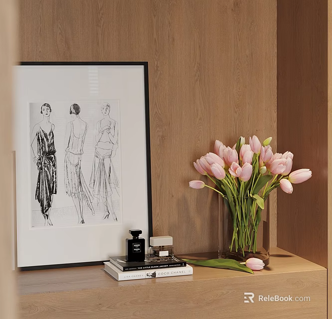 Stylish Decorative Ornament Set With Framed Sketch Pink Tulips Vase And Books On Wooden Shelf 3d model 