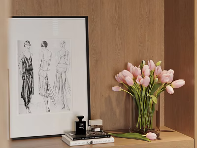 Stylish Decorative Ornament Set With Framed Sketch Pink Tulips Vase And Books On Wooden Shelf 3d model