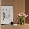 Stylish Decorative Ornament Set With Framed Sketch Pink Tulips Vase And Books On Wooden Shelf