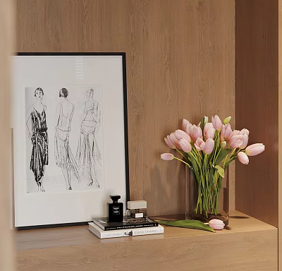 Stylish Decorative Ornament Set With Framed Sketch Pink Tulips Vase And Books On Wooden Shelf 3d model