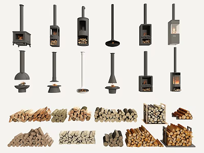 Various Stylish Stoves With Different Designs And Stacked Firewood Piles 3d model