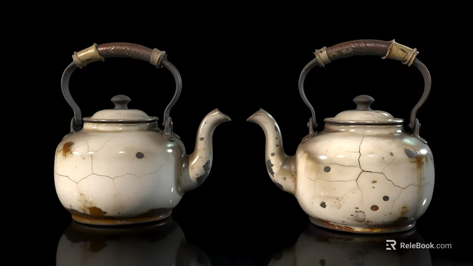 Vintage White Enamel Teapots With Cracked Speckled Finish And Metal Handles And Wooden Accents 3d model 