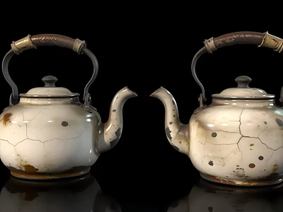 Vintage White Enamel Teapots With Cracked Speckled Finish And Metal Handles And Wooden Accents 3d model