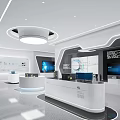 Modern Exhibition Hall Interior Design with White Curved Structures Multiple Screens and Information Displays