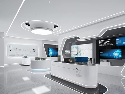 Modern Exhibition Hall Interior Design with White Curved Structures Multiple Screens and Information Displays 3d model