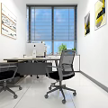 Modern Office Interior With Desk Computer Monitor Chairs Cabinets Green Plants Artwork And Large Windows